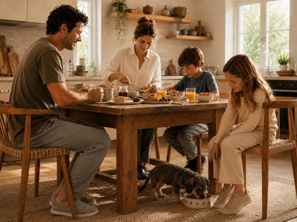 Family having breakfast with their puppy nearby