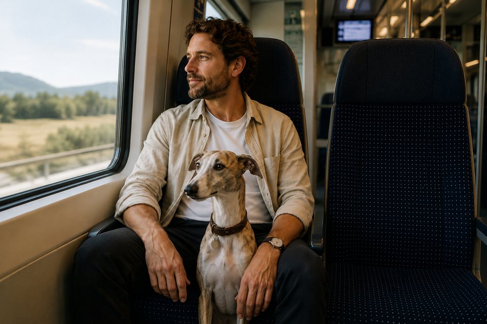 Man traveling calmly by train with his dog