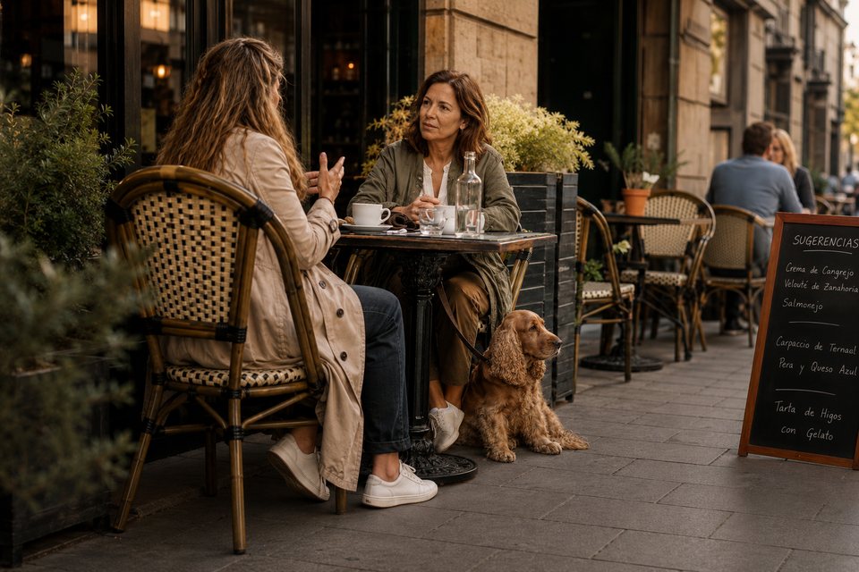 Friends relaxing at a cafe terrace with a dog nearby