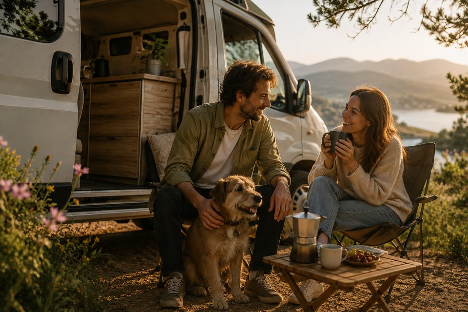 Couple traveling by camper with their dog