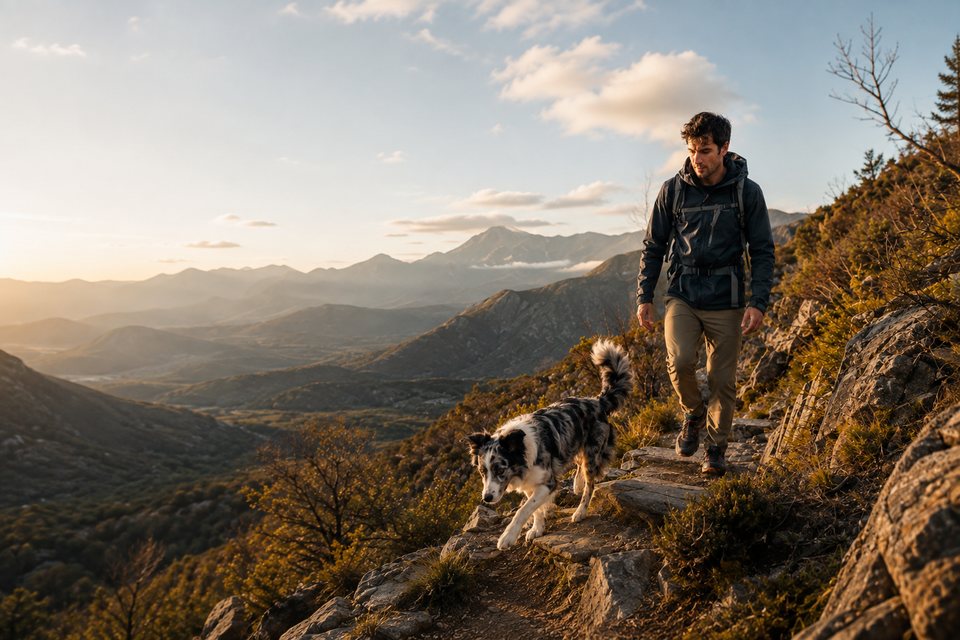 Person hiking in the mountains with their dog